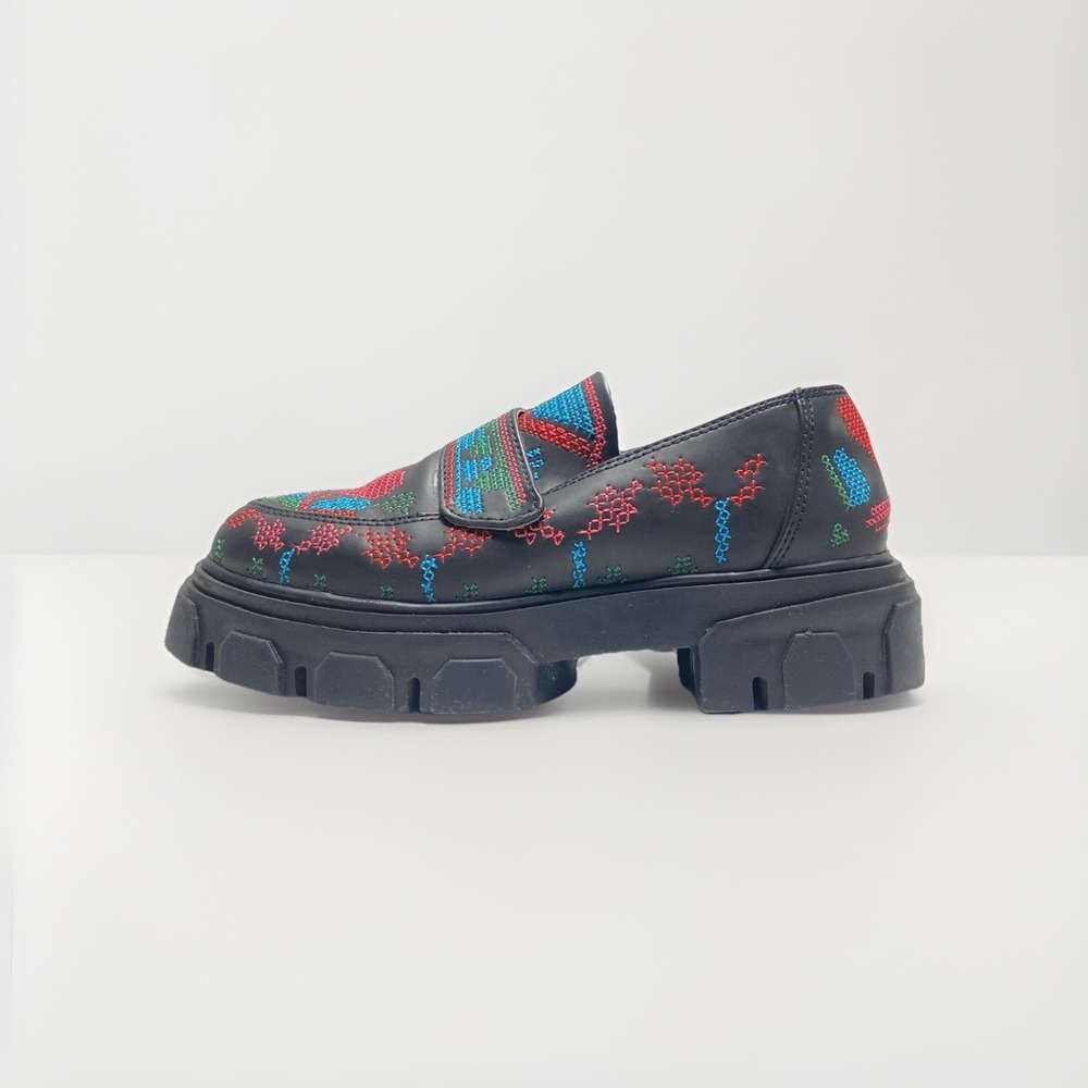 FARM Rio Black Leather Chunky Loafers with Red, Blue & Green Embroidery